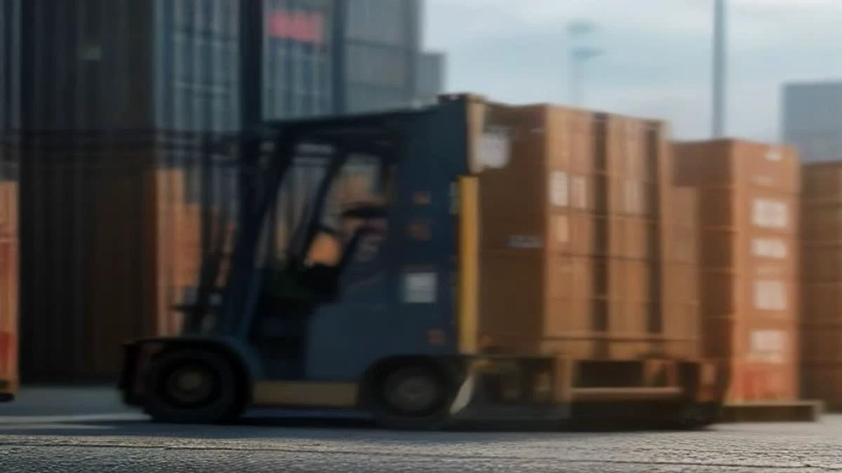 Illustration: shallow depth of field close-up of a wide shot of loading docks with containers and a forklift in motion, overcast diffused light